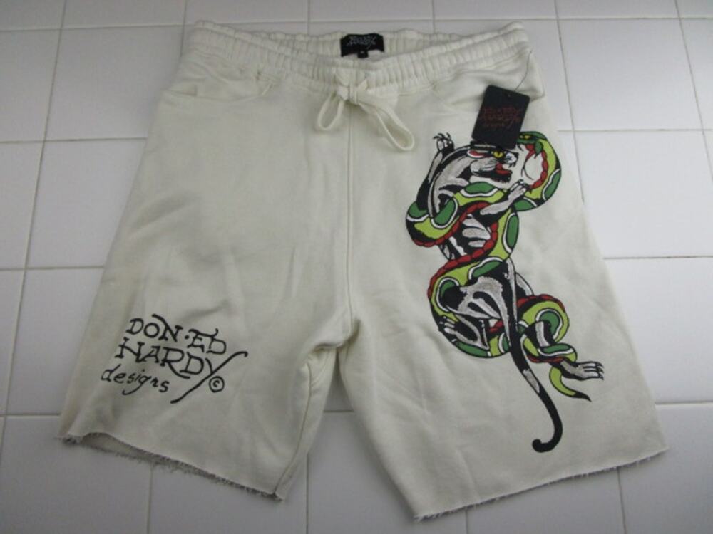 Ed Hardy Panther Snake Tattoo The Corps Print Fleece Shorts Ivory Men's Medium